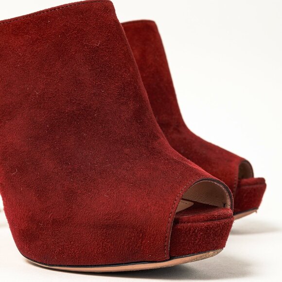 Prada Burgundy Suede Peep Toe Stiletto Heel Slide Mule Platform Pump - Picture 7 of 9